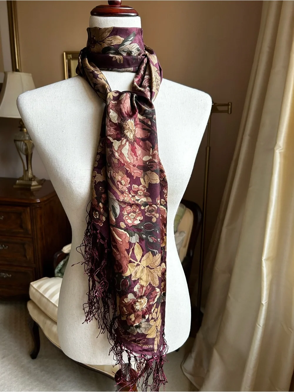 Vintage Ralph Lauren Burgundy Silk Jacquard Floral Silk Scarf with Silk Fringe